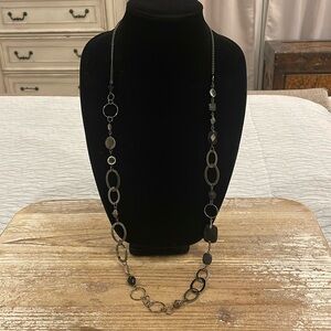 Vintage Dark Silver Tone Black Beaded Long Statement Necklace